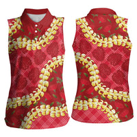 Red Palaka Hawaii Mele Kalikimaka Women Sleeveless Polo Shirt Ohia Lehua Monstera Puakenikeni Lei LT14 - Polynesian Pride