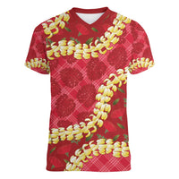 Red Palaka Hawaii Mele Kalikimaka Women V-Neck T-Shirt Ohia Lehua Monstera Puakenikeni Lei LT14 Female Red - Polynesian Pride