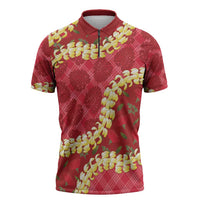 Red Palaka Hawaii Mele Kalikimaka Zipper Polo Shirt Ohia Lehua Monstera Puakenikeni Lei LT14 Red - Polynesian Pride