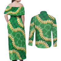Green Palaka Hawaii Mele Kalikimaka Couples Matching Off Shoulder Maxi Dress and Long Sleeve Button Shirt Ohia Lehua Monstera Puakenikeni Lei LT14 - Polynesian Pride