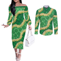 Green Palaka Hawaii Mele Kalikimaka Couples Matching Off The Shoulder Long Sleeve Dress and Long Sleeve Button Shirt Ohia Lehua Monstera Puakenikeni Lei LT14 Green - Polynesian Pride