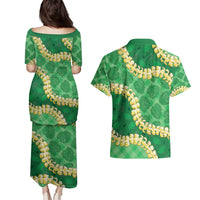 Green Palaka Hawaii Mele Kalikimaka Couples Matching Puletasi and Hawaiian Shirt Ohia Lehua Monstera Puakenikeni Lei LT14 - Polynesian Pride