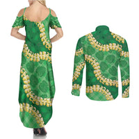 Green Palaka Hawaii Mele Kalikimaka Couples Matching Summer Maxi Dress and Long Sleeve Button Shirt Ohia Lehua Monstera Puakenikeni Lei LT14 - Polynesian Pride