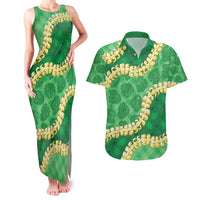 Green Palaka Hawaii Mele Kalikimaka Couples Matching Tank Maxi Dress and Hawaiian Shirt Ohia Lehua Monstera Puakenikeni Lei LT14 Green - Polynesian Pride