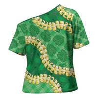 Green Palaka Hawaii Mele Kalikimaka Cross Shoulder Shirt Ohia Lehua Monstera Puakenikeni Lei LT14 - Polynesian Pride