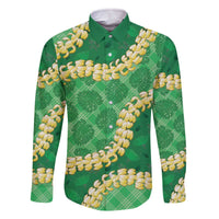 Green Palaka Hawaii Mele Kalikimaka Family Matching Off The Shoulder Long Sleeve Dress and Hawaiian Shirt Ohia Lehua Monstera Puakenikeni Lei LT14 Dad's Shirt - Long Sleeve Green - Polynesian Pride