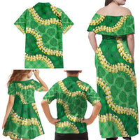 Green Palaka Hawaii Mele Kalikimaka Family Matching Off Shoulder Maxi Dress and Hawaiian Shirt Ohia Lehua Monstera Puakenikeni Lei LT14 - Polynesian Pride