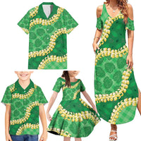 Green Palaka Hawaii Mele Kalikimaka Family Matching Summer Maxi Dress and Hawaiian Shirt Ohia Lehua Monstera Puakenikeni Lei LT14 - Polynesian Pride