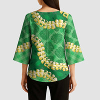 Green Palaka Hawaii Mele Kalikimaka Kimono Sleeve Blouse Ohia Lehua Monstera Puakenikeni Lei LT14 - Polynesian Pride