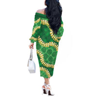 Green Palaka Hawaii Mele Kalikimaka Off The Shoulder Long Sleeve Dress Ohia Lehua Monstera Puakenikeni Lei LT14 - Polynesian Pride