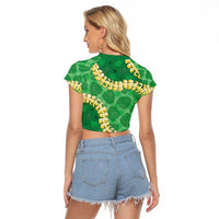 Green Palaka Hawaii Mele Kalikimaka Raglan Cropped T Shirt Ohia Lehua Monstera Puakenikeni Lei LT14 - Polynesian Pride