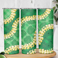 Green Palaka Hawaii Mele Kalikimaka Skinny Tumbler Ohia Lehua Monstera Puakenikeni Lei LT14 - Polynesian Pride