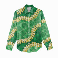 Green Palaka Hawaii Mele Kalikimaka Women Casual Shirt Ohia Lehua Monstera Puakenikeni Lei LT14 - Polynesian Pride