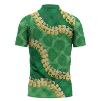 Green Palaka Hawaii Mele Kalikimaka Zipper Polo Shirt Ohia Lehua Monstera Puakenikeni Lei LT14 - Polynesian Pride
