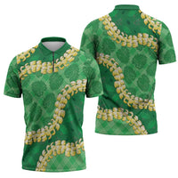Green Palaka Hawaii Mele Kalikimaka Zipper Polo Shirt Ohia Lehua Monstera Puakenikeni Lei LT14 - Polynesian Pride