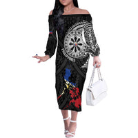 Philippines Strong Family Matching Off The Shoulder Long Sleeve Dress and Hawaiian Shirt Filipino Map Polynesian Tattoo LT14 Mom's Dress Black - Polynesian Pride