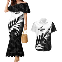 New Zealand Lawn Bowls Custom Couples Matching Mermaid Dress and Hawaiian Shirt Aotearoa Silver Fern LT14 Black - Polynesian Pride