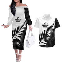 New Zealand Lawn Bowls Custom Couples Matching Off The Shoulder Long Sleeve Dress and Hawaiian Shirt Aotearoa Silver Fern LT14 Black - Polynesian Pride