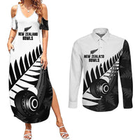 New Zealand Lawn Bowls Custom Couples Matching Summer Maxi Dress and Long Sleeve Button Shirt Aotearoa Silver Fern - Polynesian Pride