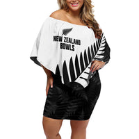 New Zealand Lawn Bowls Custom Family Matching Off Shoulder Short Dress and Hawaiian Shirt Aotearoa Silver Fern LT14 Mom's Dress Black - Polynesian Pride