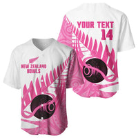 New Zealand Lawn Bowls Breast Cancer Custom Baseball Jersey Aotearoa Maori Silver Fern Pink Ribbon LT14 - Polynesian Pride