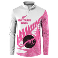 New Zealand Lawn Bowls Breast Cancer Custom Button Sweatshirt Aotearoa Maori Silver Fern Pink Ribbon - Polynesian Pride