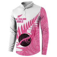New Zealand Lawn Bowls Breast Cancer Custom Button Sweatshirt Aotearoa Maori Silver Fern Pink Ribbon - Polynesian Pride