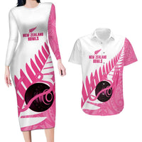 New Zealand Lawn Bowls Breast Cancer Custom Couples Matching Long Sleeve Bodycon Dress and Hawaiian Shirt Aotearoa Maori Silver Fern Pink Ribbon - Polynesian Pride