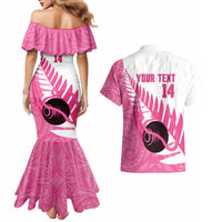 New Zealand Lawn Bowls Breast Cancer Custom Couples Matching Mermaid Dress and Hawaiian Shirt Aotearoa Maori Silver Fern Pink Ribbon LT14 - Polynesian Pride