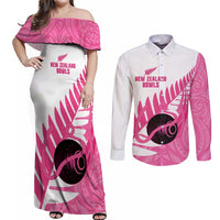 New Zealand Lawn Bowls Breast Cancer Custom Couples Matching Off Shoulder Maxi Dress and Long Sleeve Button Shirt Aotearoa Maori Silver Fern Pink Ribbon - Polynesian Pride