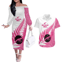 New Zealand Lawn Bowls Breast Cancer Custom Couples Matching Off The Shoulder Long Sleeve Dress and Hawaiian Shirt Aotearoa Maori Silver Fern Pink Ribbon LT14 Pink - Polynesian Pride