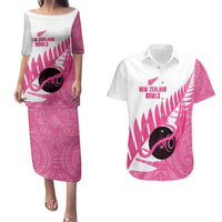 New Zealand Lawn Bowls Breast Cancer Custom Couples Matching Puletasi and Hawaiian Shirt Aotearoa Maori Silver Fern Pink Ribbon - Polynesian Pride