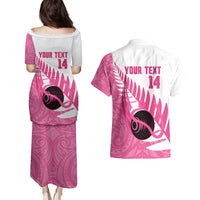 New Zealand Lawn Bowls Breast Cancer Custom Couples Matching Puletasi and Hawaiian Shirt Aotearoa Maori Silver Fern Pink Ribbon - Polynesian Pride