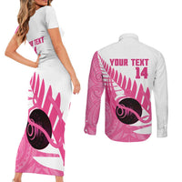 New Zealand Lawn Bowls Breast Cancer Custom Couples Matching Short Sleeve Bodycon Dress and Long Sleeve Button Shirt Aotearoa Maori Silver Fern Pink Ribbon LT14 - Polynesian Pride