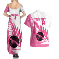 New Zealand Lawn Bowls Breast Cancer Custom Couples Matching Summer Maxi Dress and Hawaiian Shirt Aotearoa Maori Silver Fern Pink Ribbon - Polynesian Pride