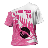 New Zealand Lawn Bowls Breast Cancer Custom Cross Shoulder Shirt Aotearoa Maori Silver Fern Pink Ribbon - Polynesian Pride