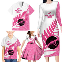 New Zealand Lawn Bowls Breast Cancer Custom Family Matching Long Sleeve Bodycon Dress and Hawaiian Shirt Aotearoa Maori Silver Fern Pink Ribbon - Polynesian Pride