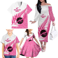 New Zealand Lawn Bowls Breast Cancer Custom Family Matching Off The Shoulder Long Sleeve Dress and Hawaiian Shirt Aotearoa Maori Silver Fern Pink Ribbon LT14 - Polynesian Pride