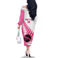 New Zealand Lawn Bowls Breast Cancer Custom Family Matching Off The Shoulder Long Sleeve Dress and Hawaiian Shirt Aotearoa Maori Silver Fern Pink Ribbon - Polynesian Pride