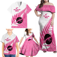 New Zealand Lawn Bowls Breast Cancer Custom Family Matching Off Shoulder Maxi Dress and Hawaiian Shirt Aotearoa Maori Silver Fern Pink Ribbon LT14 - Polynesian Pride