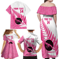 New Zealand Lawn Bowls Breast Cancer Custom Family Matching Off Shoulder Maxi Dress and Hawaiian Shirt Aotearoa Maori Silver Fern Pink Ribbon LT14 - Polynesian Pride