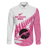 New Zealand Lawn Bowls Breast Cancer Custom Family Matching Off Shoulder Maxi Dress and Hawaiian Shirt Aotearoa Maori Silver Fern Pink Ribbon LT14 Dad's Shirt - Long Sleeve Pink - Polynesian Pride