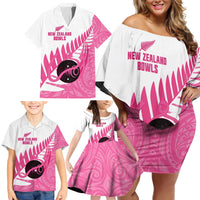 New Zealand Lawn Bowls Breast Cancer Custom Family Matching Off Shoulder Short Dress and Hawaiian Shirt Aotearoa Maori Silver Fern Pink Ribbon LT14 - Polynesian Pride