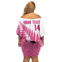 New Zealand Lawn Bowls Breast Cancer Custom Family Matching Off Shoulder Short Dress and Hawaiian Shirt Aotearoa Maori Silver Fern Pink Ribbon LT14 - Polynesian Pride