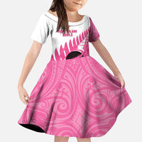 New Zealand Lawn Bowls Breast Cancer Custom Family Matching Summer Maxi Dress and Hawaiian Shirt Aotearoa Maori Silver Fern Pink Ribbon LT14 Daughter's Dress Pink - Polynesian Pride