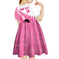 New Zealand Lawn Bowls Breast Cancer Custom Kid Short Sleeve Dress Aotearoa Maori Silver Fern Pink Ribbon - Polynesian Pride