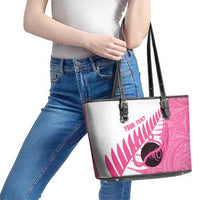 New Zealand Lawn Bowls Breast Cancer Custom Leather Tote Bag Aotearoa Maori Silver Fern Pink Ribbon - Polynesian Pride