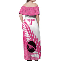 New Zealand Lawn Bowls Breast Cancer Custom Off Shoulder Maxi Dress Aotearoa Maori Silver Fern Pink Ribbon - Polynesian Pride