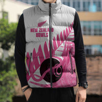 New Zealand Lawn Bowls Breast Cancer Custom Sleeveless Puffer Jacket Aotearoa Maori Silver Fern Pink Ribbon - Polynesian Pride