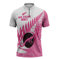 New Zealand Lawn Bowls Breast Cancer Custom Zipper Polo Shirt Aotearoa Maori Silver Fern Pink Ribbon LT14 Pink - Polynesian Pride